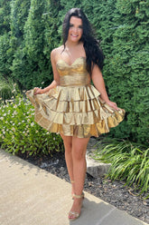 A Line Golden Homecoming Dress Sweetheart Corset Short Prom Dress With Ruffles