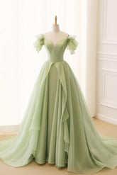 A Line Green Prom Dress Tulle Long Formal Gown Evening Dress
