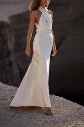 A Line Halter Neck Sleeveless Sweep Train Silk Like Satin Wedding Dress