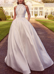 A Line Halter Sleeveless Sweep Train Satin Wedding Dress With Pockets