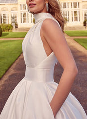 A Line Halter Sleeveless Sweep Train Satin Wedding Dress With Pockets