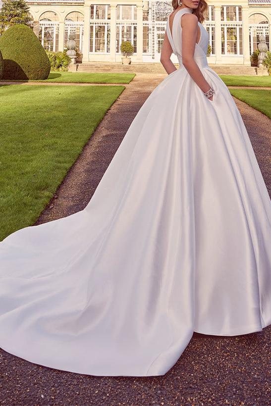 A Line Halter Sleeveless Sweep Train Satin Wedding Dress With Pockets