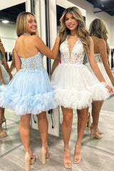 A-Line Homecoming Dress Halter Tulle Short Prom Dress with Appliques