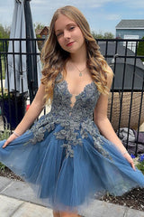 A Line Homecoming Dress Spaghetti Straps Short Cocktail Dresses with Appliques