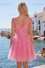 A Line Hot Pink Lace Appliqued V-Neck Short Homecoming Dress