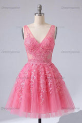 A Line Hot Pink Lace Appliqued V-Neck Short Homecoming Dress