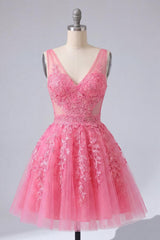 A Line Hot Pink Lace Appliqued V-Neck Short Homecoming Dress