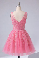 A Line Hot Pink Lace Appliqued V-Neck Short Homecoming Dress