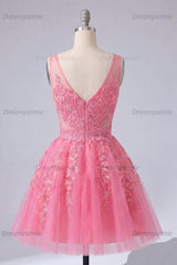 A Line Hot Pink Lace Appliqued V-Neck Short Homecoming Dress