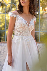 A Line Illusion Neck Lace Tulle Wedding Dress With Appliques Lace