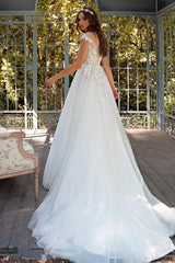 A Line Illusion Neck Lace Tulle Wedding Dress With Appliques Lace