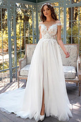 A Line Illusion Neck Lace Tulle Wedding Dress With Appliques Lace