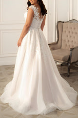 A Line Illusion Neck Sleeveless Sweep Train Lace Wedding Dress for Plus Size
