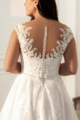 A Line Illusion Neck Sleeveless Sweep Train Lace Wedding Dress for Plus Size