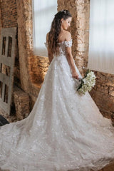 A Line Lace Off The Shoulder Sleeveless White Wedding Dress Bridal Gown With Appliques