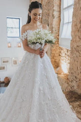 A Line Lace Off The Shoulder Sleeveless White Wedding Dress Bridal Gown With Appliques
