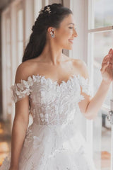 A Line Lace Off The Shoulder Sleeveless White Wedding Dress Bridal Gown With Appliques