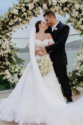 A Line Lace Off The Shoulder Sleeveless White Wedding Dress Bridal Gown With Appliques