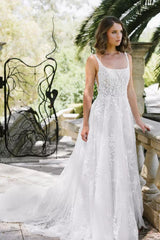 A Line Lace Scoop Sleeveless White Wedding Dress Bridal Gown With Appliques