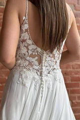 A Line Lace Spaghetti Straps Sleeveless White Wedding Dress Bridal Gown With Split Train
