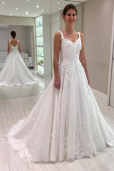 A Line Lace Sweetheart Sleeveless White Wedding Dress Long Bridal Gown With Appliques