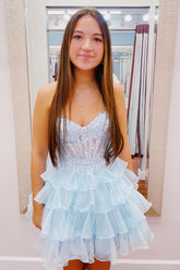 A-Line Light Blue Homecoming Dress Sweetheart Corset Short Prom Dress with Ruffles