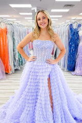 A Line Lilac Prom Dress Spaghetti Straps Long Evening Dress with Slit