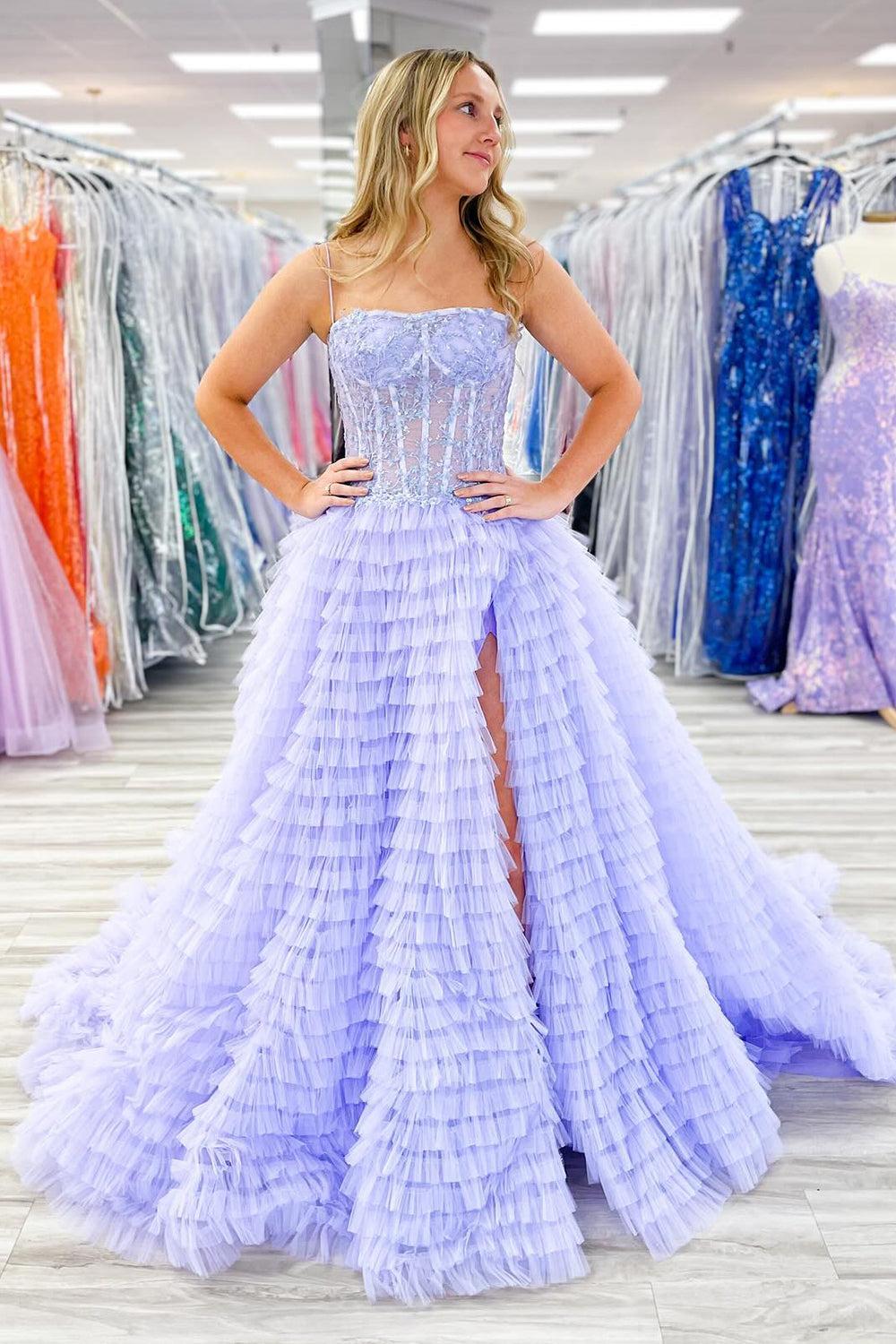 A Line Lilac Prom Dress Spaghetti Straps Long Evening Dress with Slit