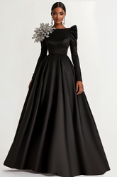 A-Line Long Black Wedding Guest Dress Satin Boat Neck Formal Dress With Long Sleeves