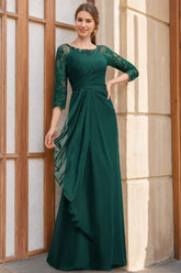 A Line Long Mother of the Bride Dresses with Scoop Neck 3/4 Sleeves Sequins Ruffles & Appliques