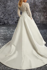 A Line Long Sleeves Court Train Lace/Satin Wedding Dress With Pockets
