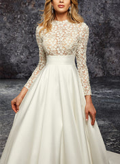 A Line Long Sleeves Court Train Lace/Satin Wedding Dress With Pockets