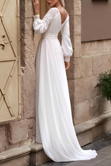 A Line Long Sleeves Sweep Train Chiffon Wedding Dress With Lace