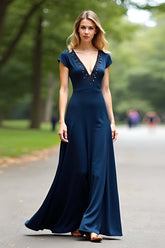 A Line Navy Wedding Guest Dress V-Neck Long Formal Dress With Cap Sleeves