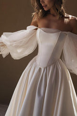 A Line Off The Shoulder Long Sleeves Satin Wedding Dress With Pleated