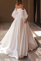 A Line Off The Shoulder Long Sleeves Satin Wedding Dress With Pleated