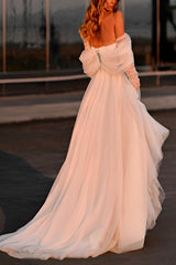 A Line Off The Shoulder Sleeveless Sweep Train Tulle Wedding Dress With Split Front