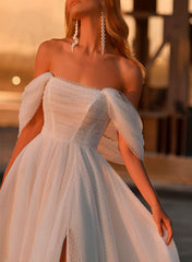 A Line Off The Shoulder Sleeveless Sweep Train Tulle Wedding Dress With Split Front