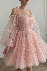 A Line Off the Shoulder Blush Homecoming Dress Short Prom Dress with Long Sleeves