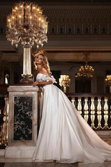 A Line Off the Shoulder Lace Satin Floor Length Wedding Dress with Sweetheart Appliques