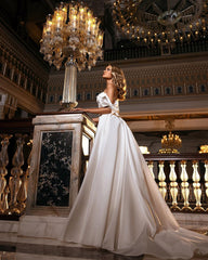 A Line Off the Shoulder Lace Satin Floor Length Wedding Dress with Sweetheart Appliques