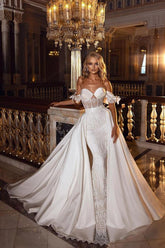 A Line Off the Shoulder Lace Satin Floor Length Wedding Dress with Sweetheart Appliques