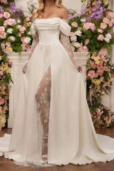A Line Off the Shoulder Long Sleeves Court Train Lace Wedding Dress with Front Slit