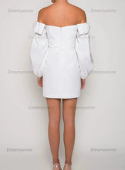 A Line Off the Shoulder Long Sleeves Short Mini Elastic Satin Wedding Dress with Bow