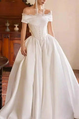 A Line Off the Shoulder Sleeveless Sweep Train Wedding Dress