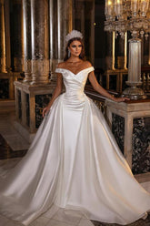 A Line Off the Shoulder Sweetheart Backless Satin Wedding Dress with Ruffles and Appliques