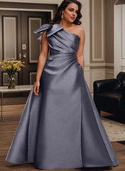 A Line One Shoulder Sleeveless Satin Bridesmaid Dress With Bow(s) and Pockets