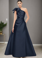 A Line One Shoulder Sleeveless Satin Bridesmaid Dress With Bow(s) and Pockets