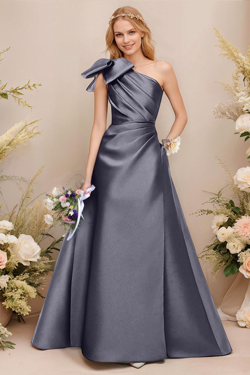 A Line One Shoulder Sleeveless Satin Bridesmaid Dress With Bow(s) and Pockets