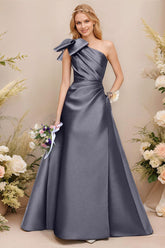 A Line One Shoulder Sleeveless Satin Bridesmaid Dress With Bow(s) and Pockets